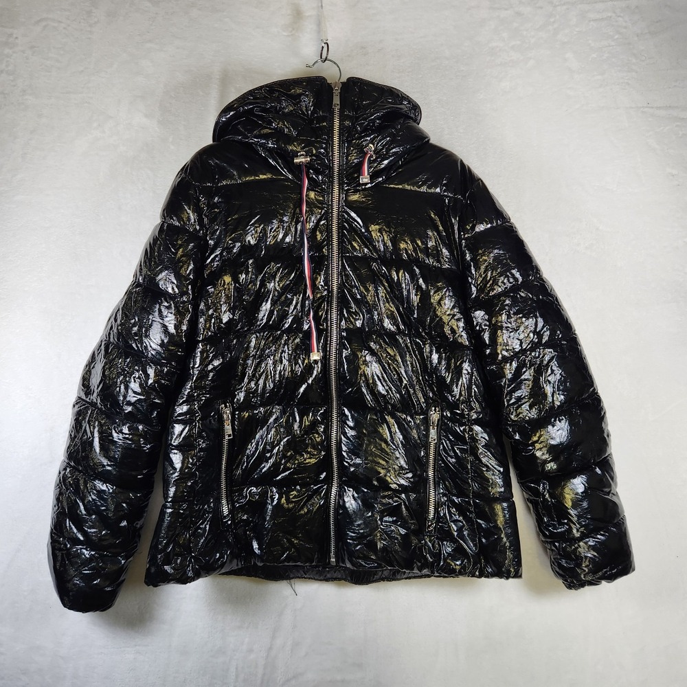 Tommy Hilfiger Womens Shiny Black Puffer Jacket Hooded Size L Glossy‎ Quilted